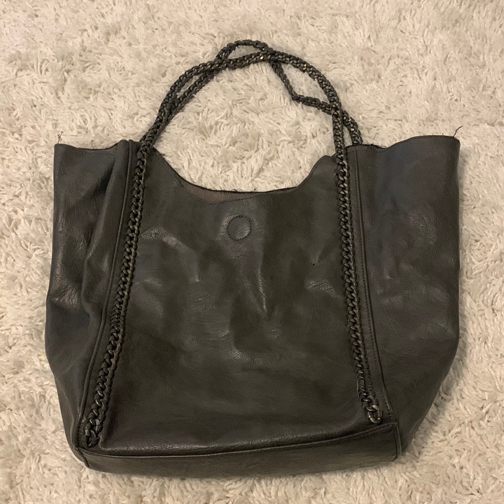 Leather tote with gunmetal hardware